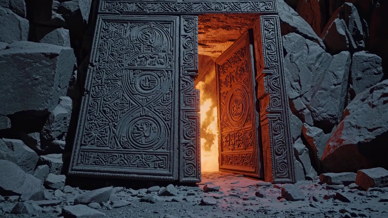 Misteriosa porta di pietra intagliata che si apre lentamente per rivelare un portale infuocato