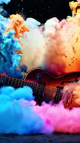 a guitar is shown in a colorful explosion of smoke and fire. the guitar is surrounded by a lot of colorful smoke and fire, giving the impression of a powerful and energetic performance