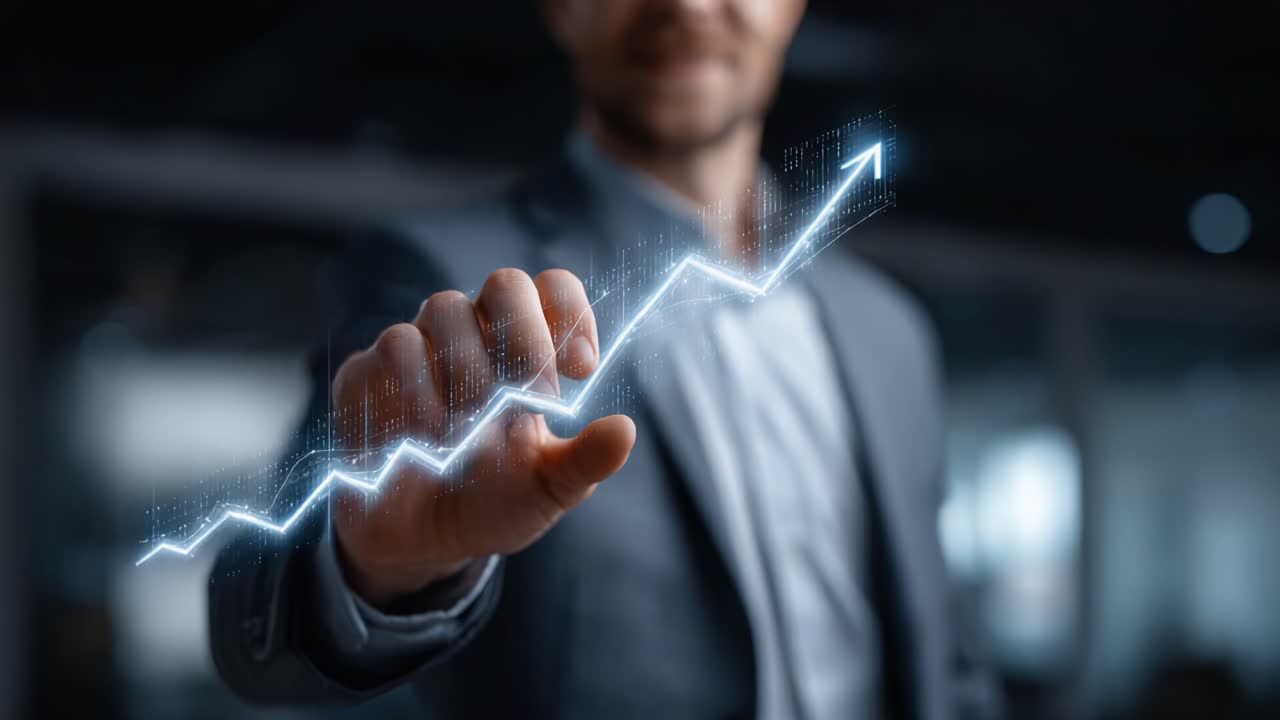 A confident business professional demonstrates growth and success by pointing at an upward-trending graph, symbolizing achievement and positive change in a corporate environment