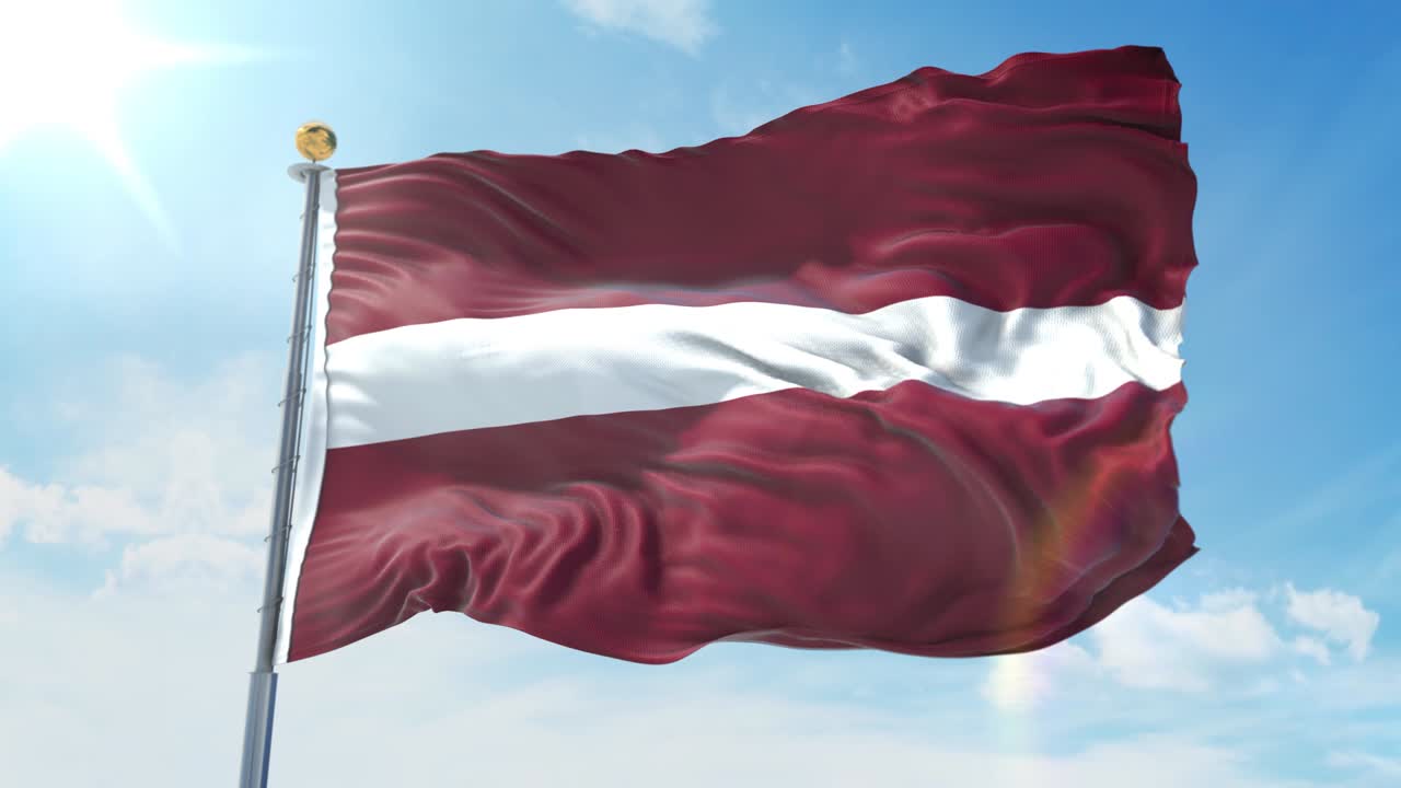 푸른 하늘을 배경으로 바람에 흔들리는 라트비아의 발, 국가 테마, 국제 개념, 3d 렌더링