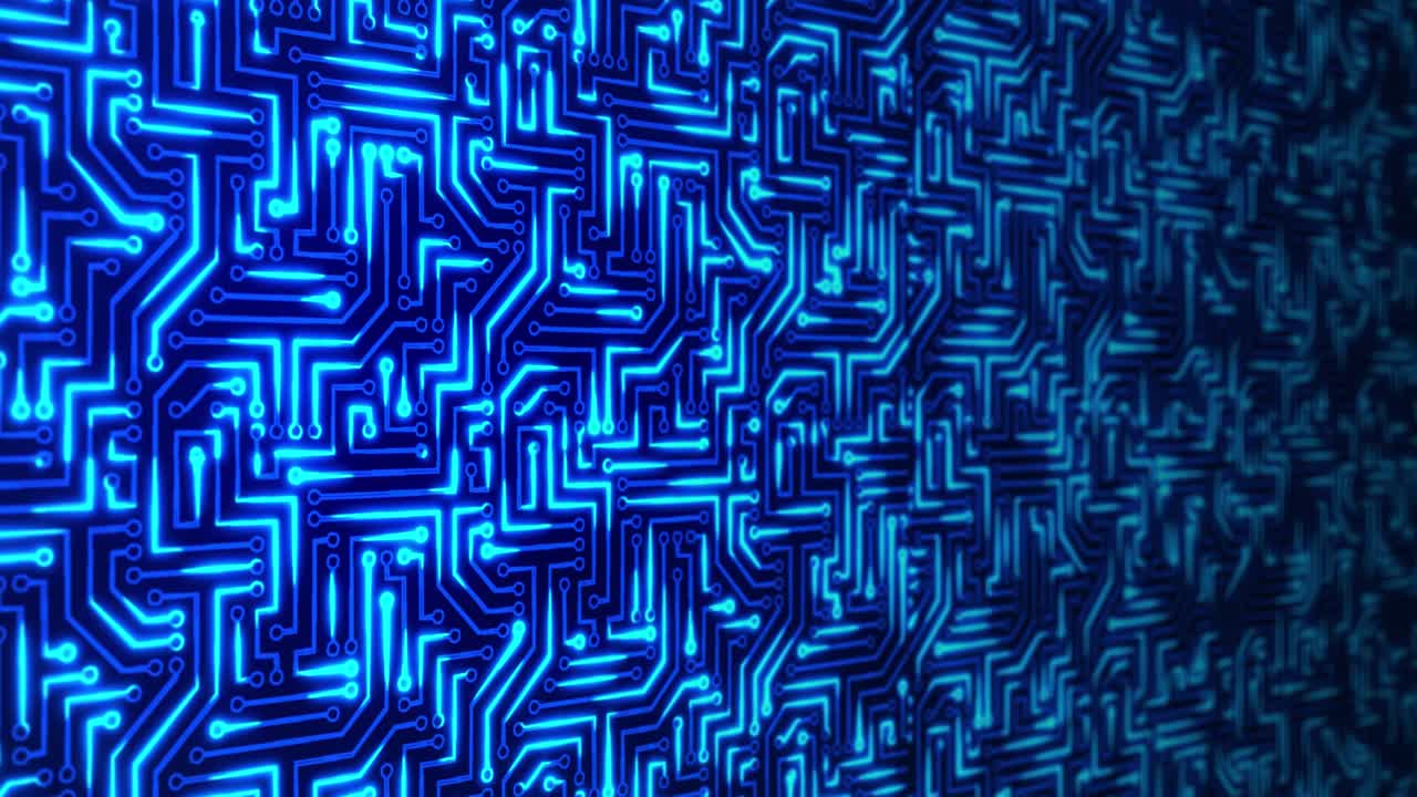 renderización 3d de una placa de circuito futurista azul con animación de fondo de bucle de electrones.