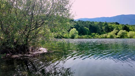 Peaceful-footage-of-a-lake-in-Crimea,-featuring-calm-water,-green-trees,-and-serene-scenery