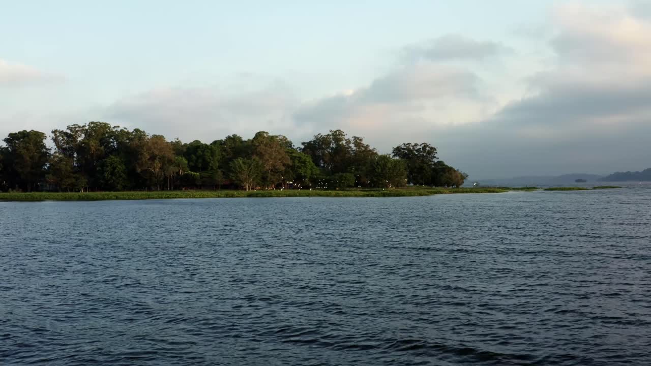 Dolly-in aerial drone wide shot of a flock of white egrets flying together in the Guarapiranga Reservoir in the southern part of São Paulo, Brazil with calm waters and trees during golden hour