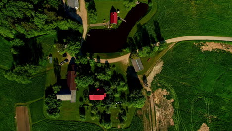 serene rural landscape with pond, green fields, and a red-roofed house, aerial top down view