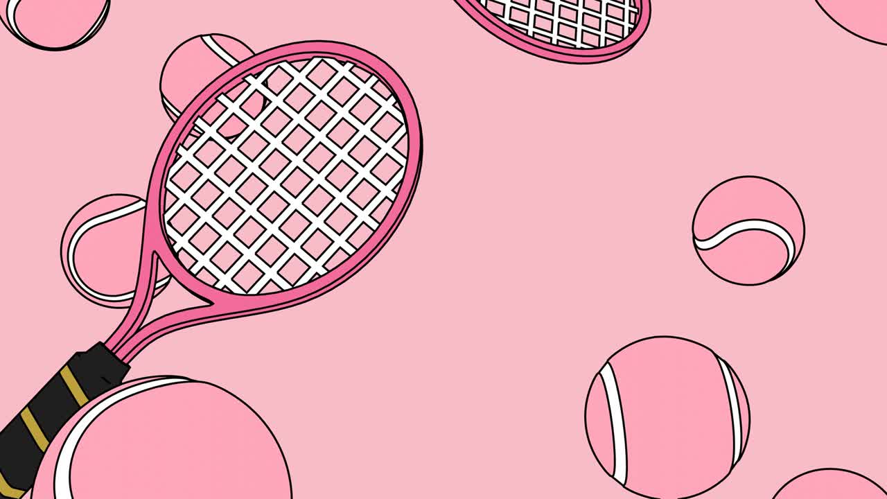 분홍색 바탕에 분홍색 테니스 공과 테니스 라켓.