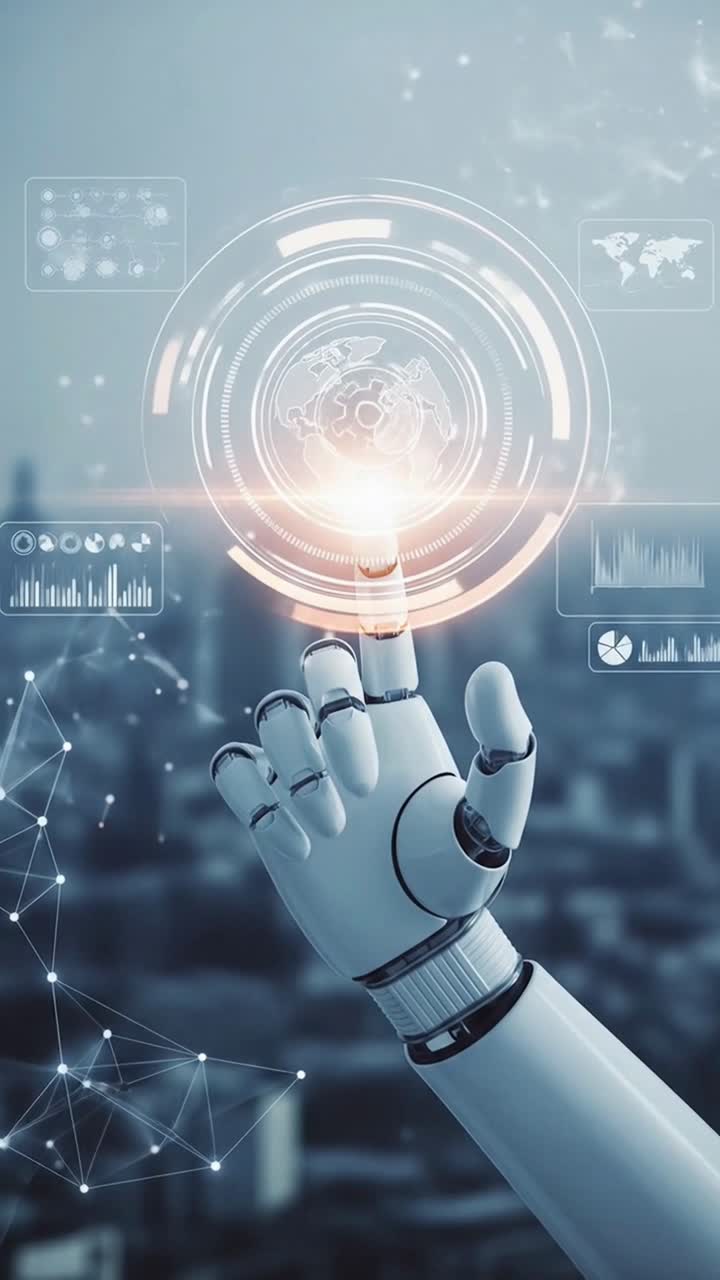 Robotic hand interacting with a futuristic global technology data interface