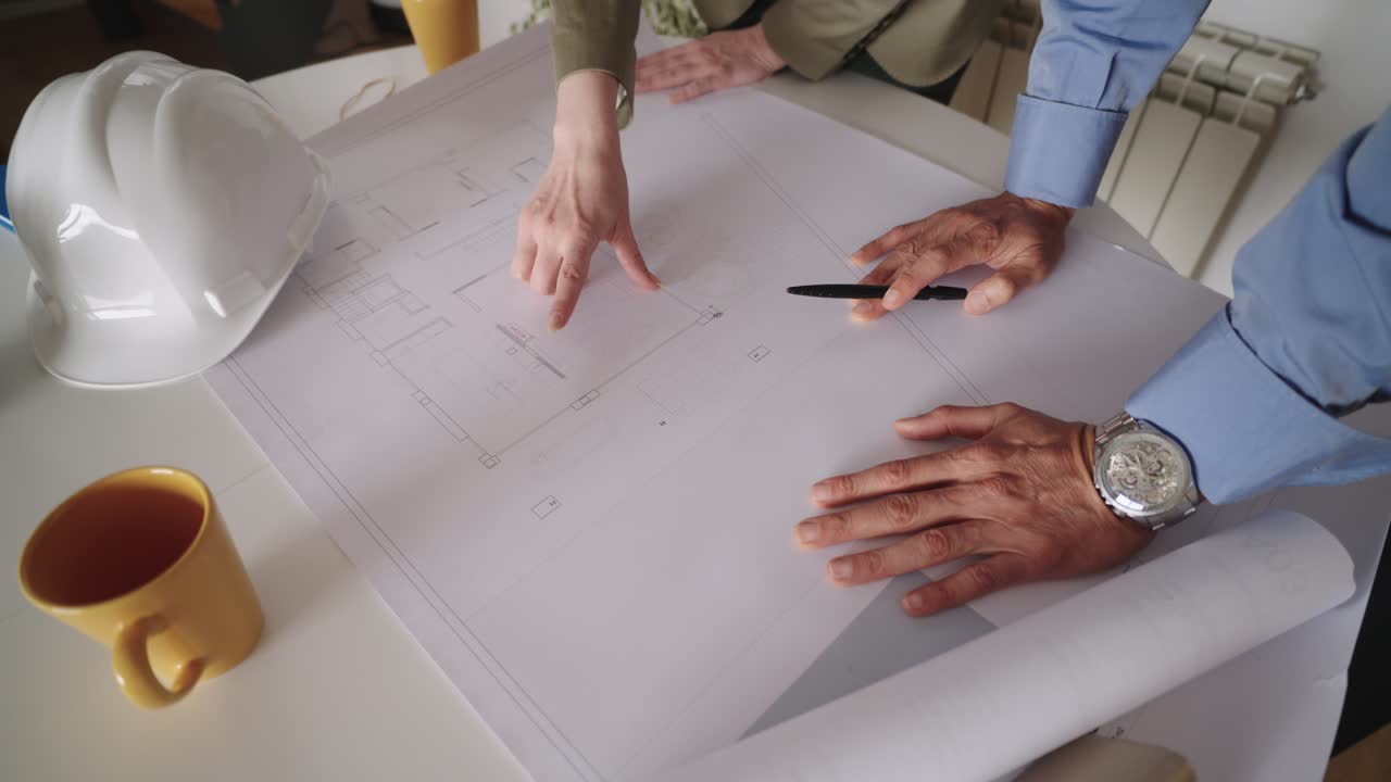Architects reviewing building plan blueprint