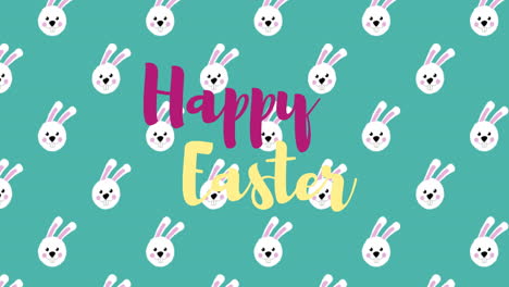 animación de los iconos del conejo de pascua y el texto de feliz pascua