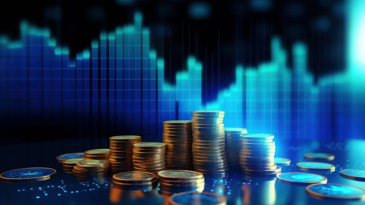 Stacks of coins on a reflective surface with a blurred stock market graph in the background