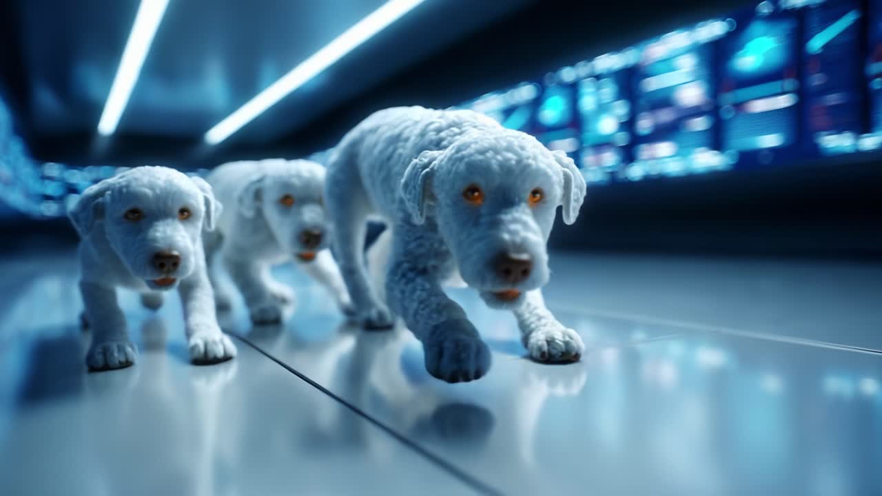 Three Playful White Dogs Walking in a High-Tech Environment Featuring Sleek Surfaces and Futuristic Lighting, Captured in a Dynamic and Engaging Photographic Style