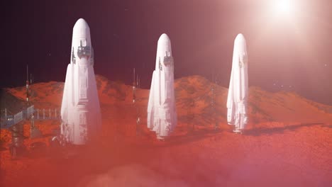 spaceship rocket lands on a space station on mars 3d render