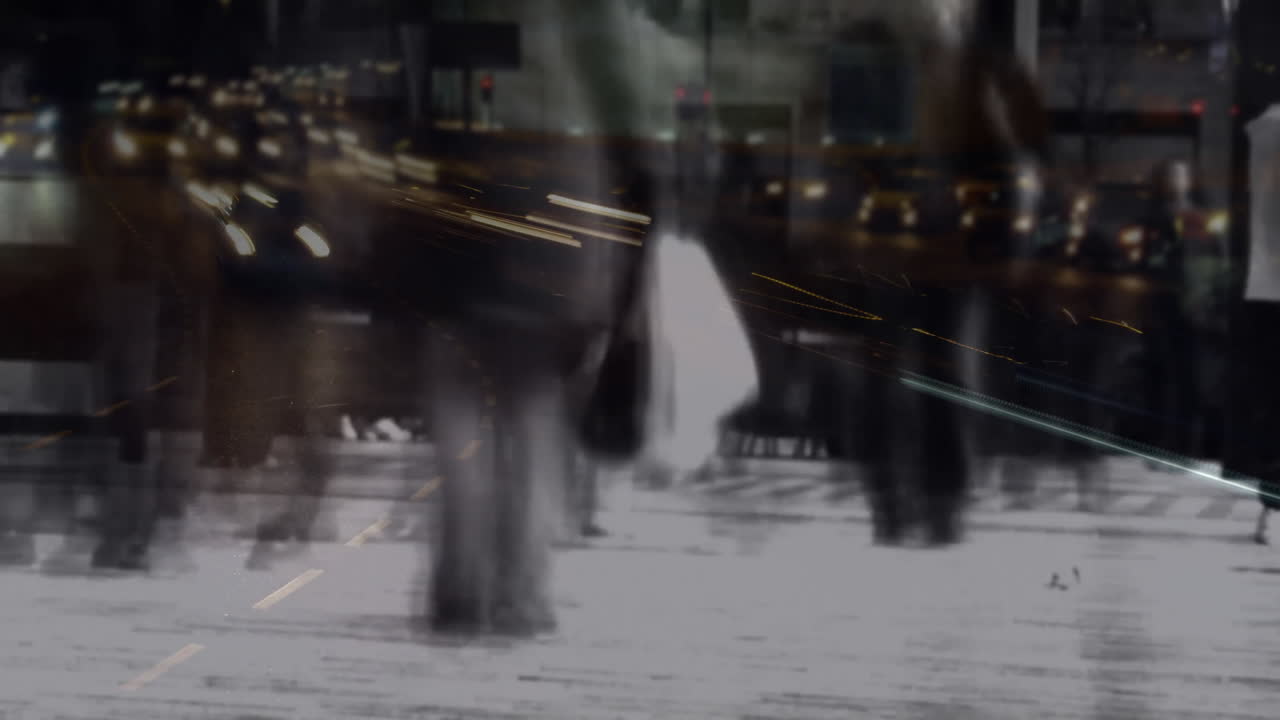 Blurred city street with moving lights animation over pedestrians walking