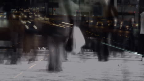blurred city street with moving lights animation over pedestrians walking