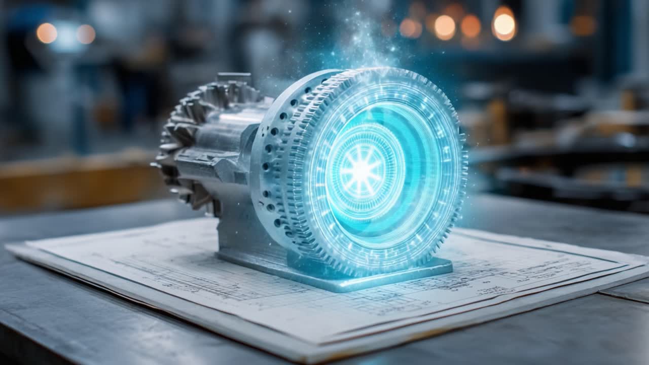 An Advanced Mechanical Engine Component with Futuristic Blue Glow Surrounded by Sparkling Effects, Set on Engineering Plans in a Workshop Environment