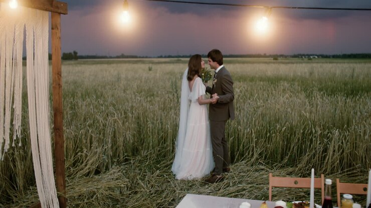 Young couple in love in a fall field
