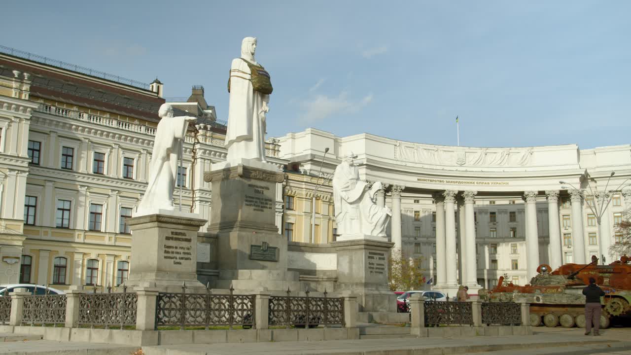 Monument in Kyiv with a Tank During a Political Conflict