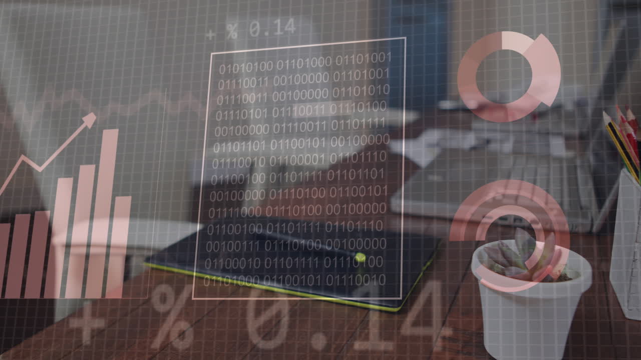 animación del procesamiento de datos financieros en el escritorio con dispositivos electrónicos