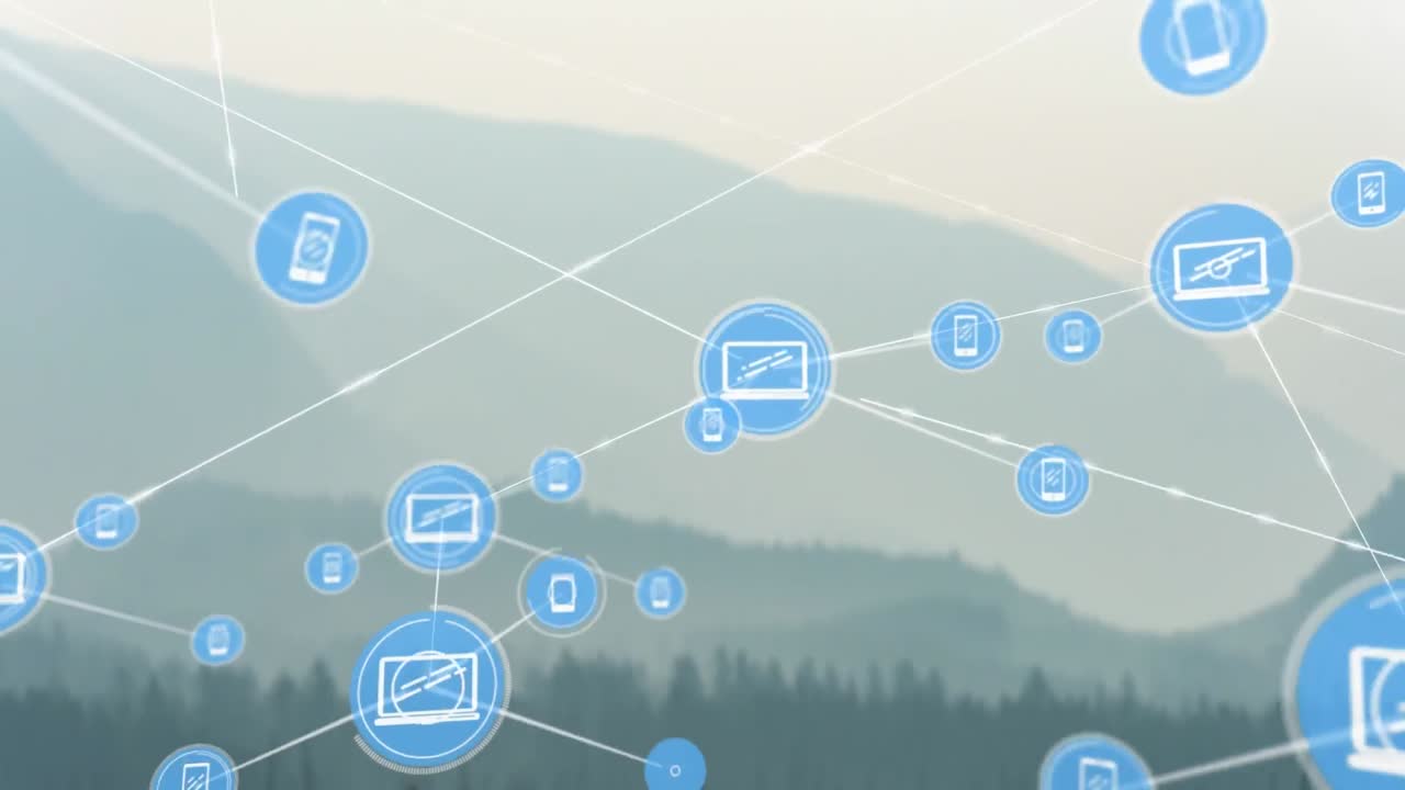 풍경 위의 아이콘으로 연결된 네트워크의 애니메이션