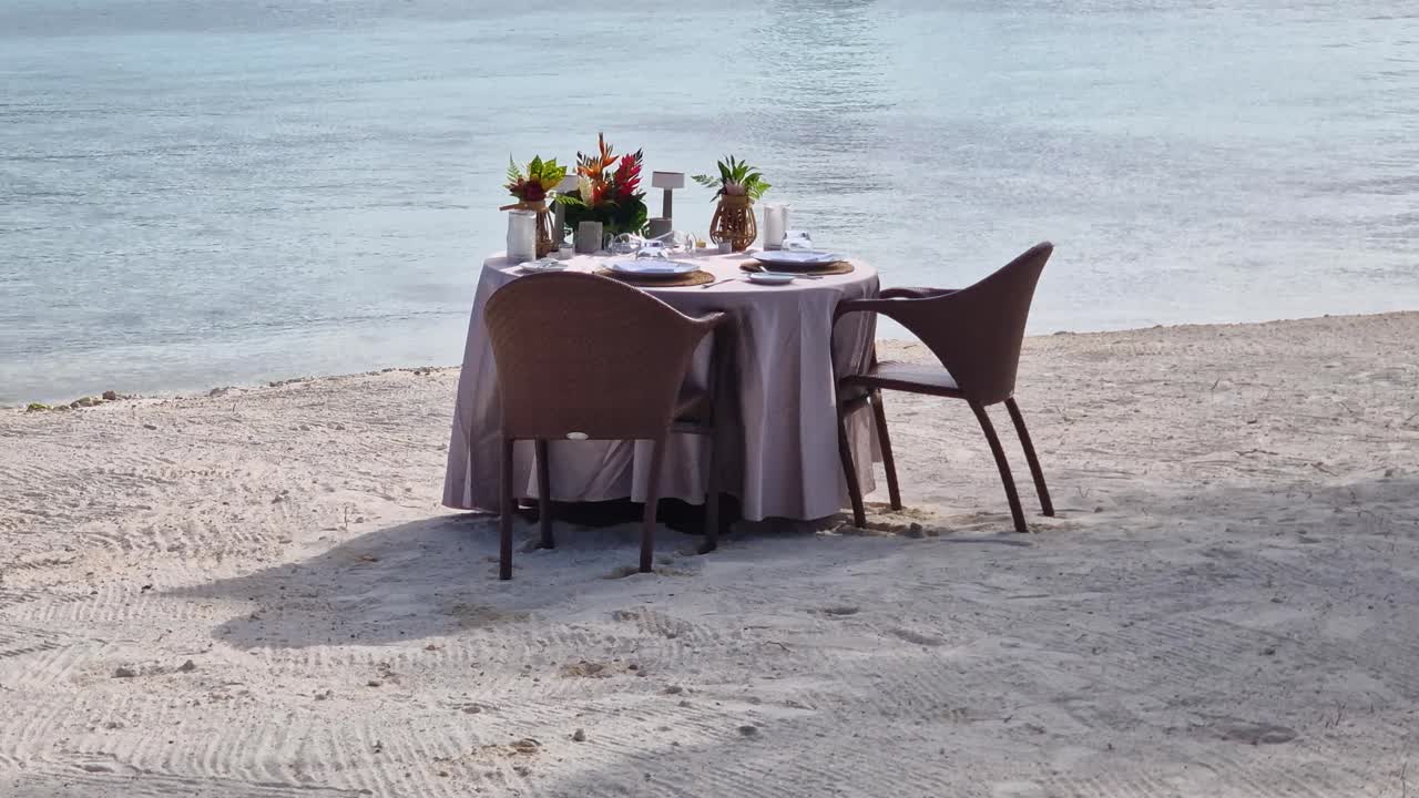 Bora Bora, french Polynesia, Dining Table For Two at Beach, Luxury Tropical Resort