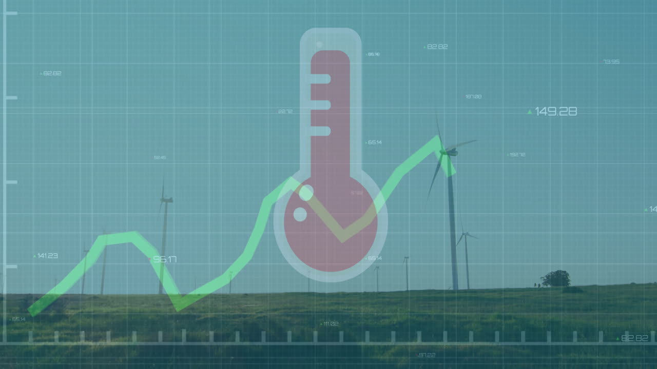 Wind farm scene featuring rising temperature graph with red thermometer icon and blue grid overlay
