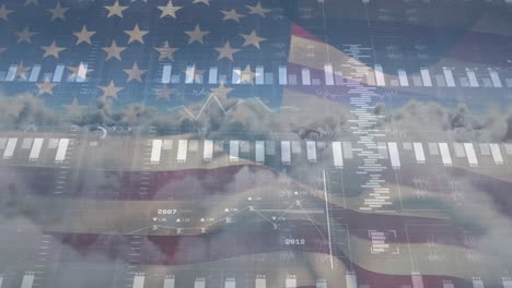 animation of data processing over clouds and flag of america