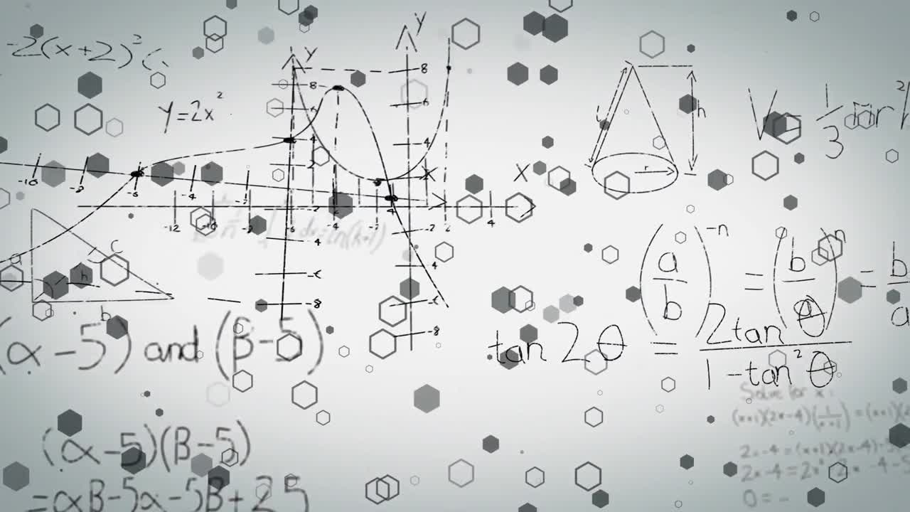 animación de fórmulas matemáticas y puntos sobre fondo blanco