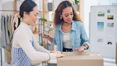 Teamwork,-women-and-tape-on-box-for-shipping