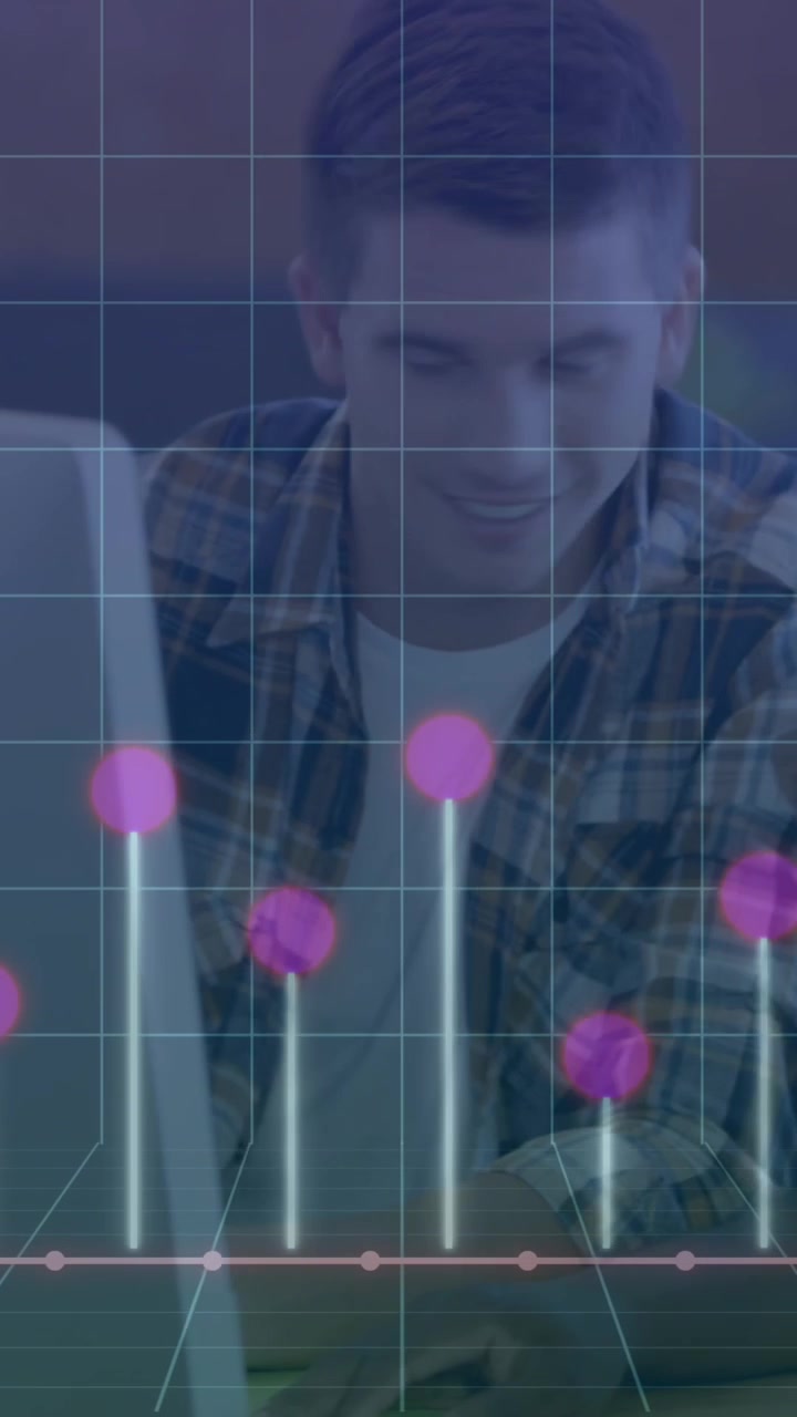 Animation of graph over computer language over diverse coworkers discussing reports on desktop
