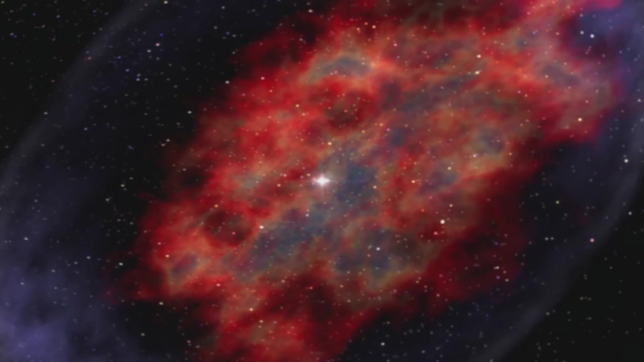 Kraftig supernovaeksplosion i det dybe rum. Spektakulær himmelsk udvidelse af en døende stjerne, der skaber en farverig tågesky af rød og orange gas med en glødende kerne.