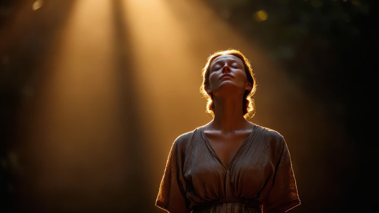 A Serene Moment of Reflection: A Woman Embracing Tranquility Amidst a Radiant Light in Nature, Discovering Inner Peace and Mindfulness in a Beautiful Surrounding