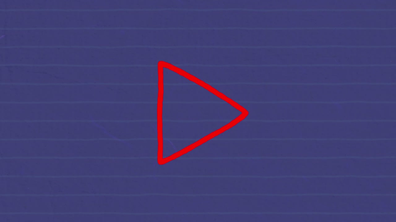 Animation of red outlined play button icon hand drawn with a marker on blue lined paper