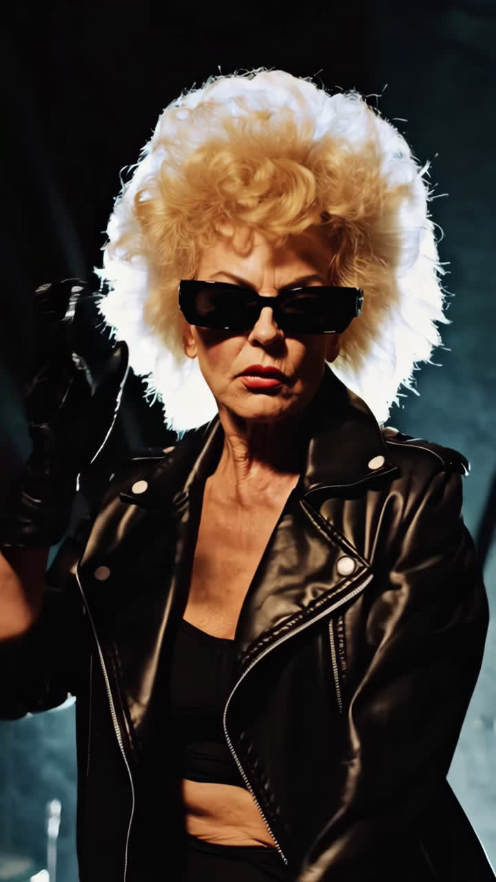 mulher madura ao estilo de uma estrela do rock.