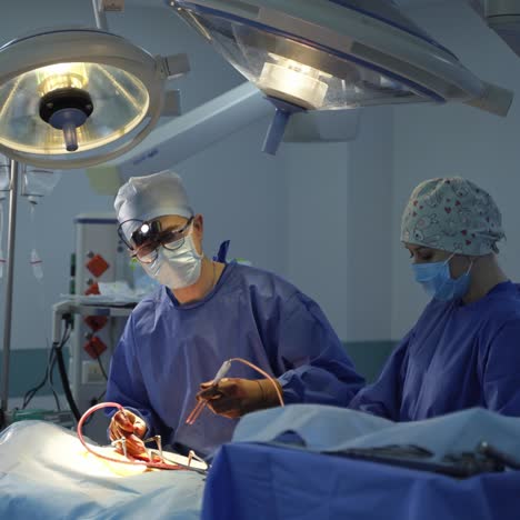 professional doctor and assistant in operating theatre. surgeon and a nurse conduct an operation on a patient using surgical instruments in modern clinic