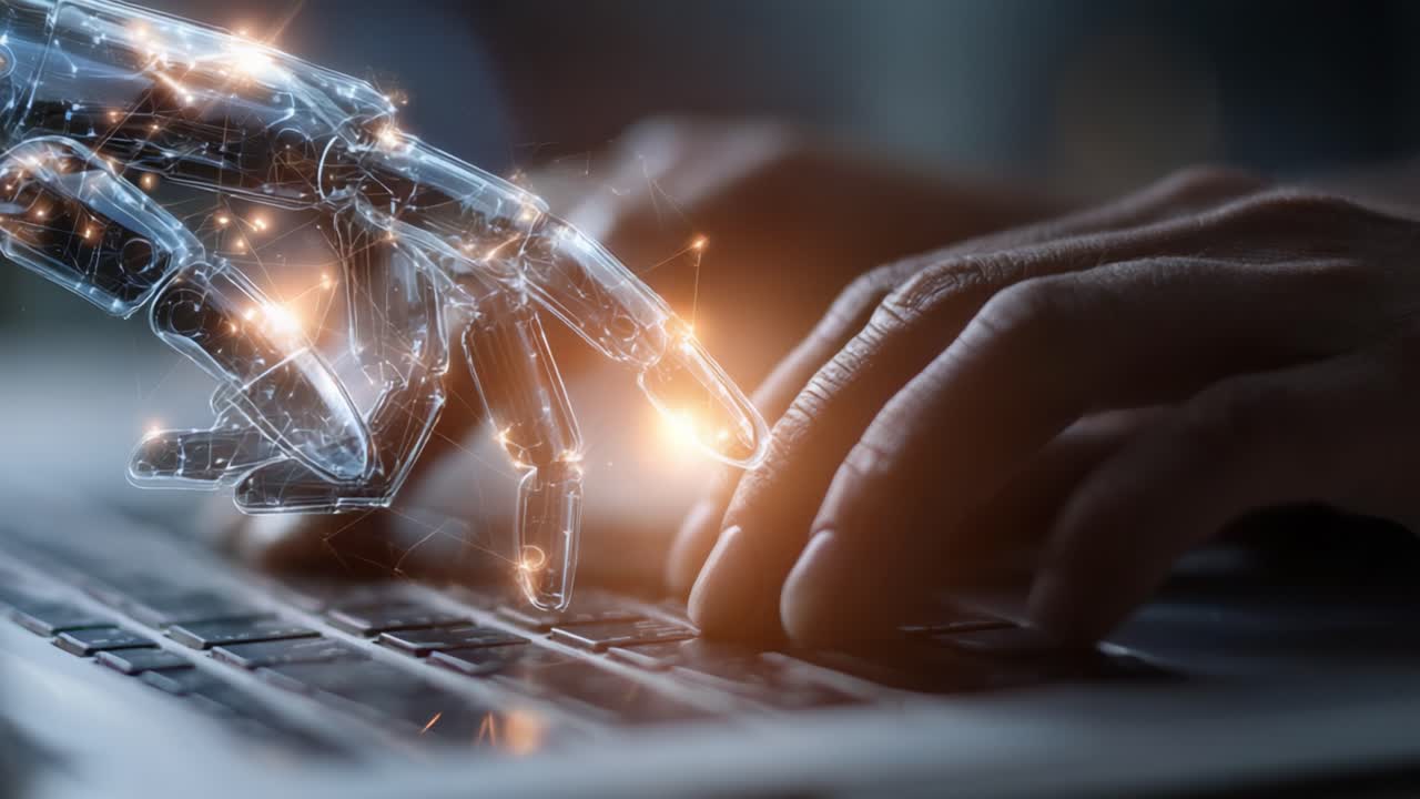 An Intricate Connection Between Human and Artificial Intelligence as a Robotic Hand Reaches for a Human Finger Above a Laptop Keyboard