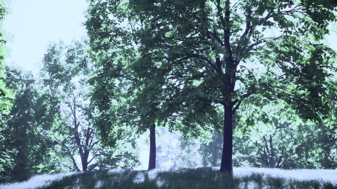 Lush green trees in a serene forest landscape during daylight hours