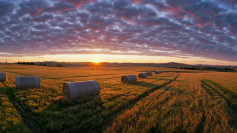 sunrise over a wheat field with hay bales