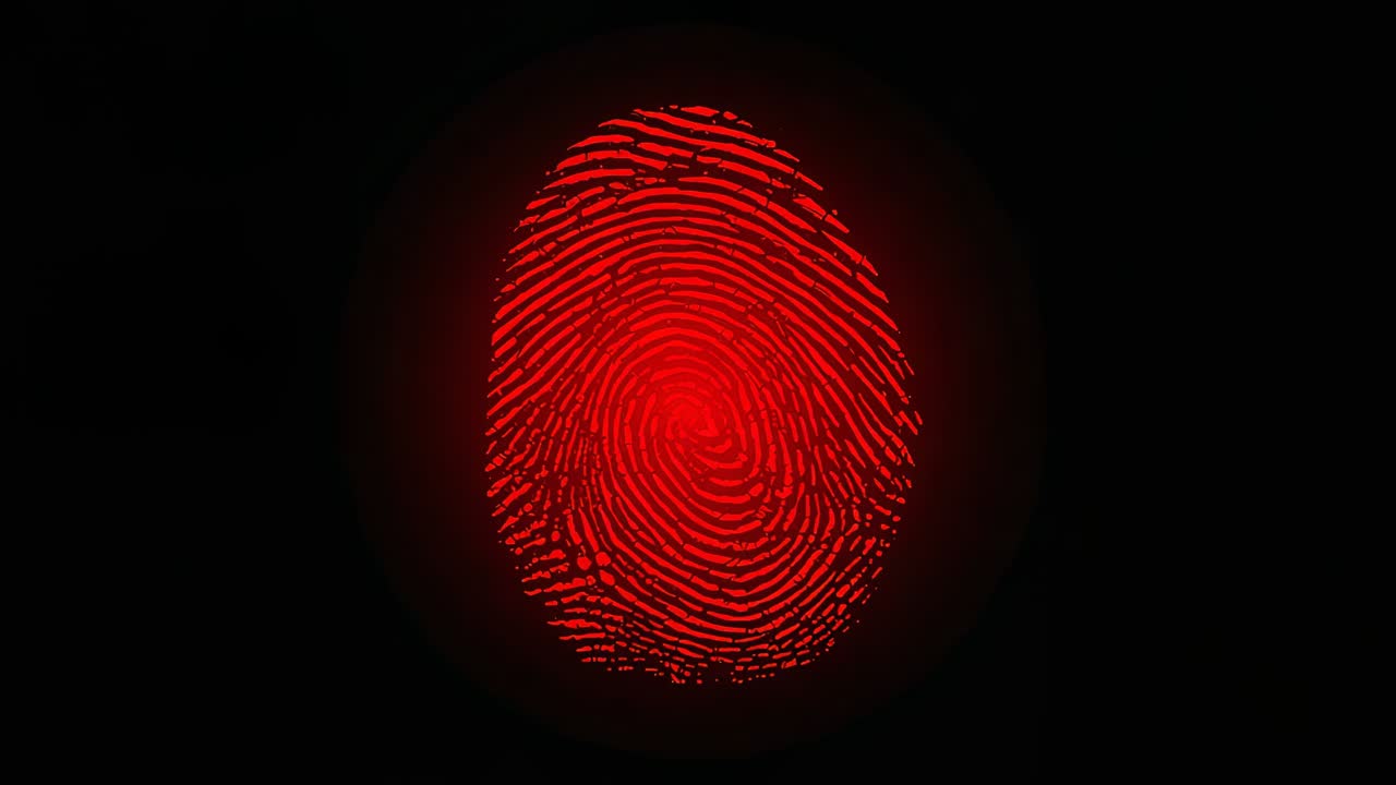 Pulsing red fingerprint graphic appearing on activation on black display, verifying access