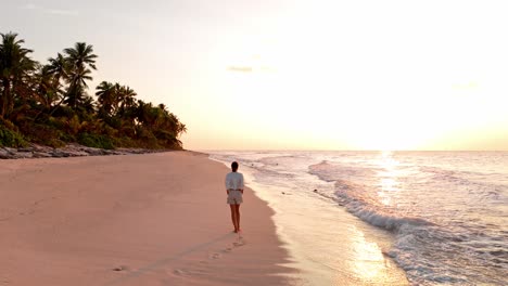 an aerial drone captures a peaceful moment as a woman walks along the untouched shoreline of geiymiskih fannu beach in fuvahmulah, maldives.
