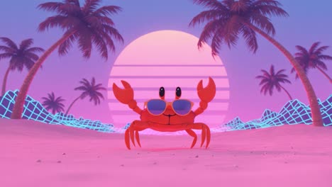 a cheerful crab stands boldly against a stunning retro sunset, surrounded by lush palm trees and glowing geometric patterns on the beach