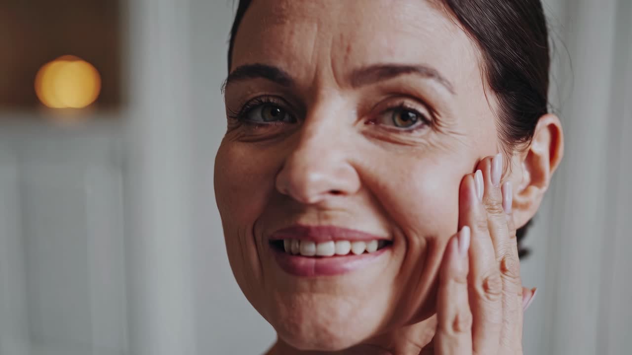 Smiling Mature Woman with Hand on Face