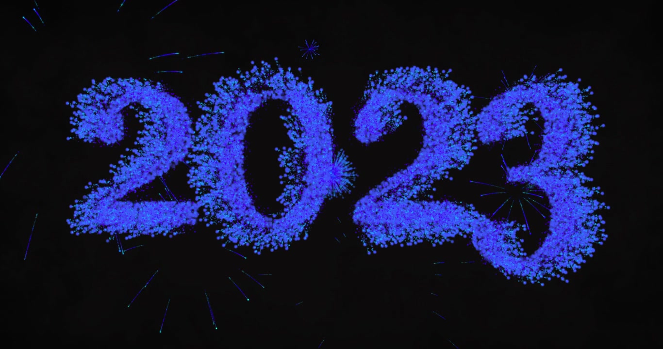 Animazione del 2023 e fuochi d'artificio blu che esplodono su sfondo nero.