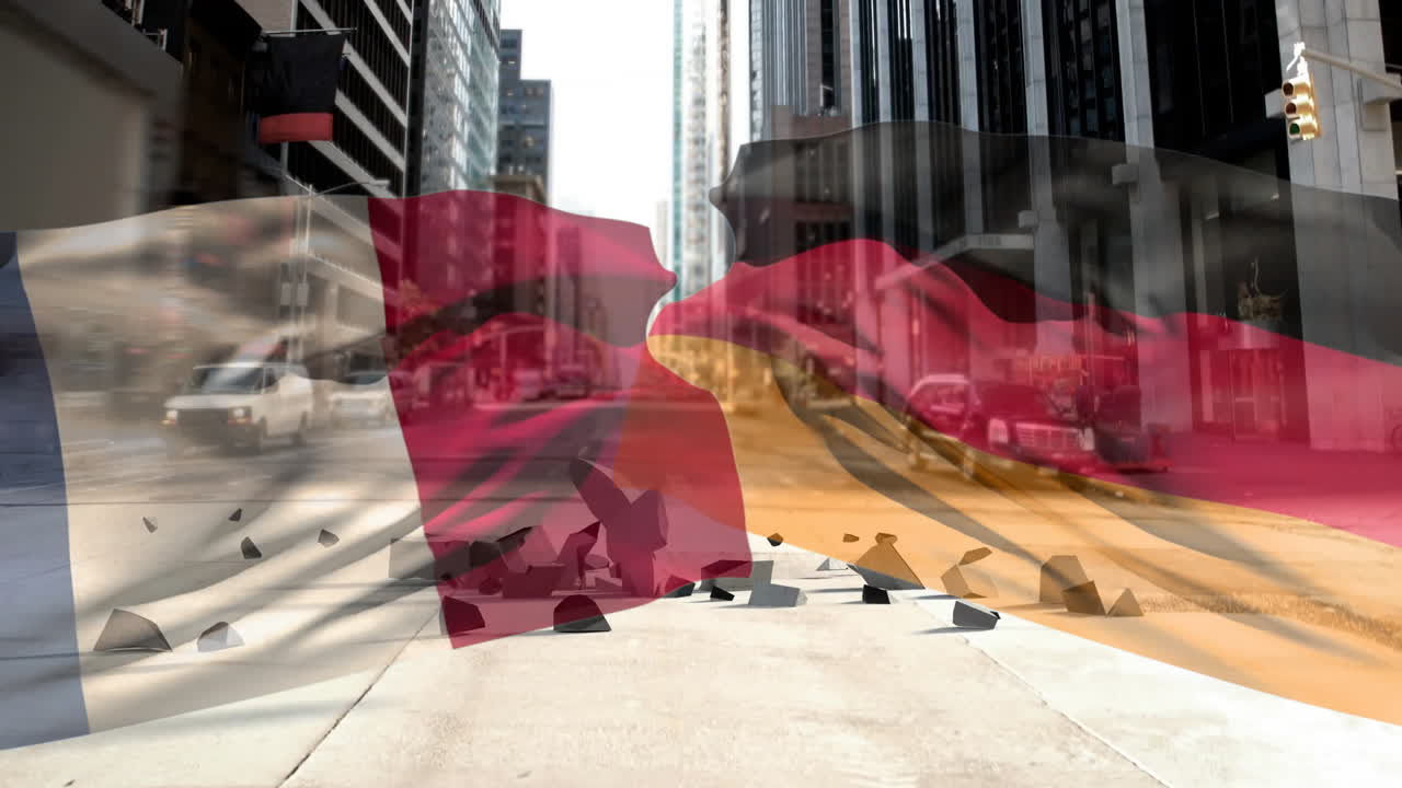 French and German flags animation over busy city street with tall buildings