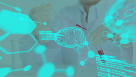 animación de procesamiento de datos y cerebros sobre científica caucásica tomando muestras en el laboratorio