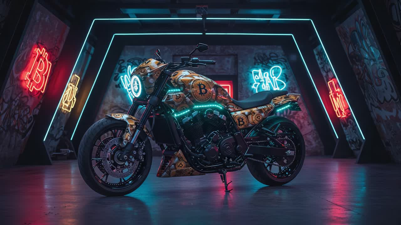 A Stunning, Custom Motorcycle Featuring Vibrant Neon Art and Unique Cryptocurrency-Themed Design Illuminates the Urban Graffiti-Laden Environment
