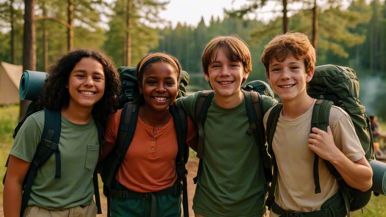 Four friends with backpacks smile at the camera in a forest setting, captured from a front angle