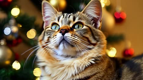 un lindo gato sentado frente al árbol de navidad