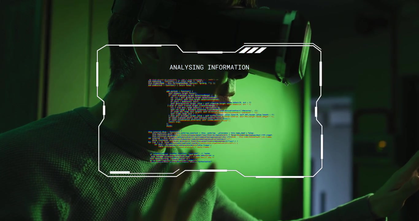 Mand i VR-headset reagerer på HUD-fejl, læner sig, rækker ud og kode til teknisk test