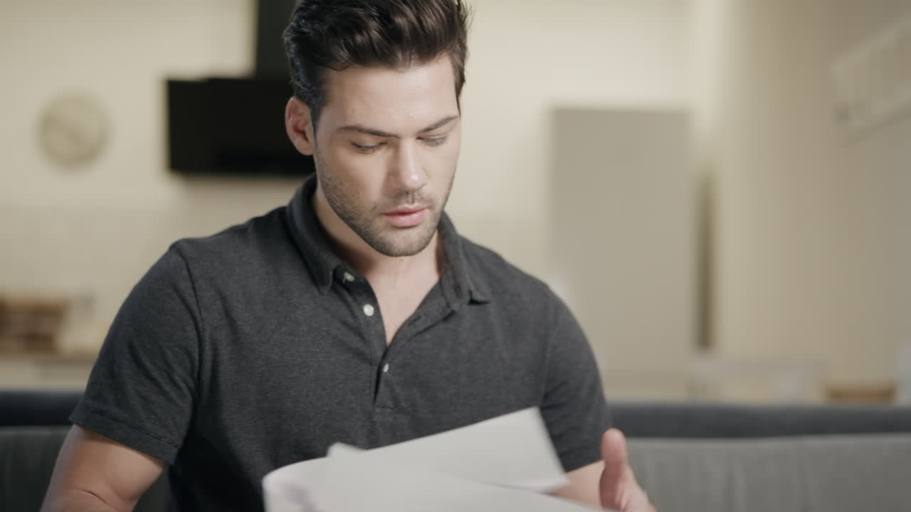 Business man analyzing papers at open kitchen. Young man working at home.