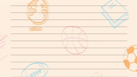 Animation-of-multiple-school-concept-icons-against-copy-space-on-white-lined-paper-background