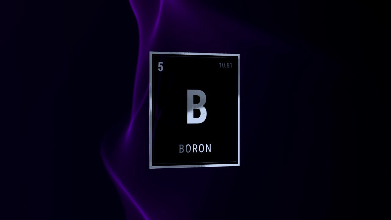 Boron element tile on dark background with purple smoke effect